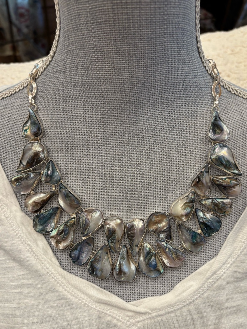 Handmade Abalone Teardrop Statement Necklace - 925 Sterling Silver Setting